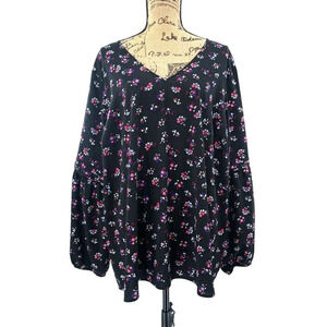 Lane Bryant Blouse Plus Women 26 Pink Black Calico Floral V-Neck Long Sleeve Top